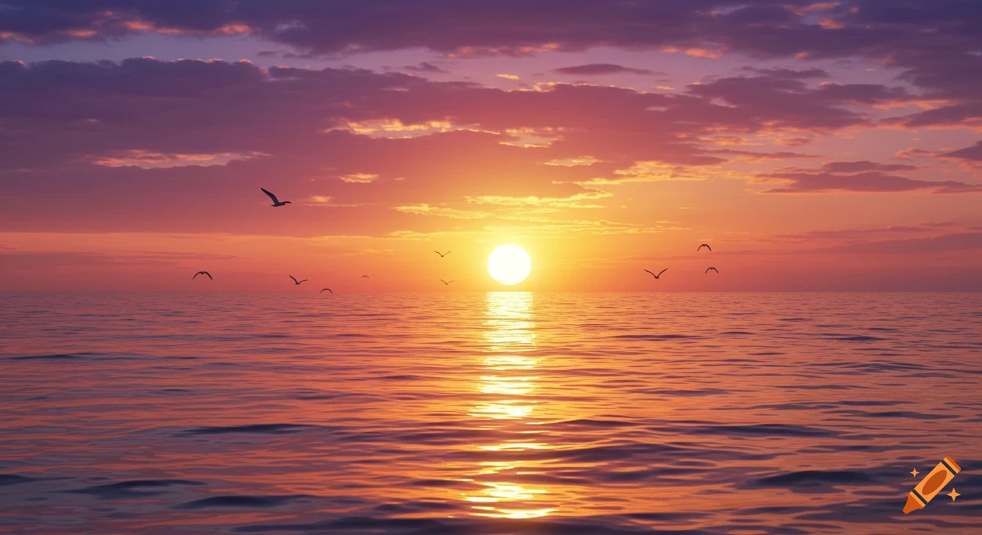 Vibrant sunset over a calm ocean with silhouetted birds flying.