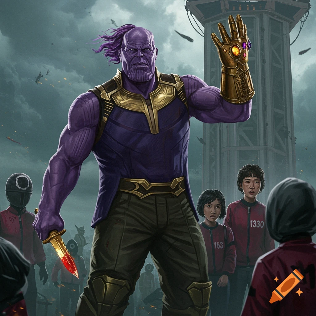 Thanos in a purple suit with a bloody golden knife and the Infinity Gauntlet stands among Squid Game players.