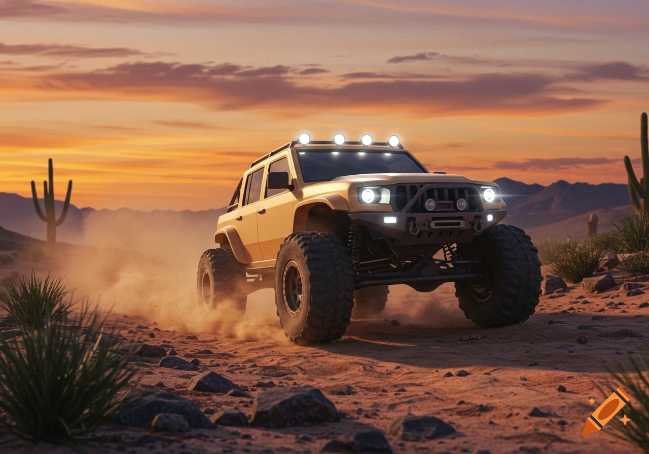 Large yellow off-road vehicle driving through a dusty desert at sunset, with mountains and cacti. Photorealistic.