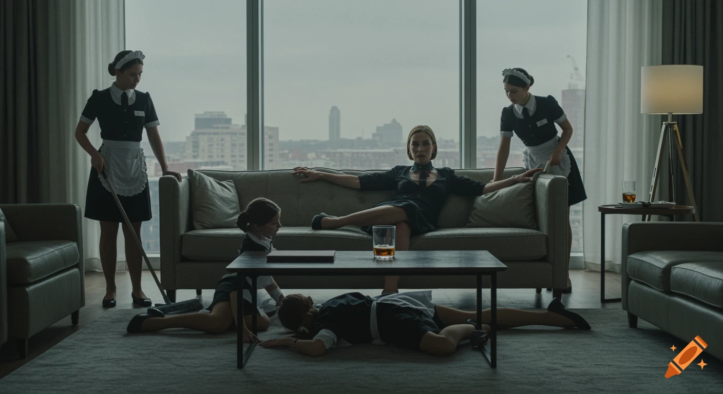 A confident woman lounges on a couch in a luxurious living room while three maids in uniform attend to tasks, two on the floor, one standing.