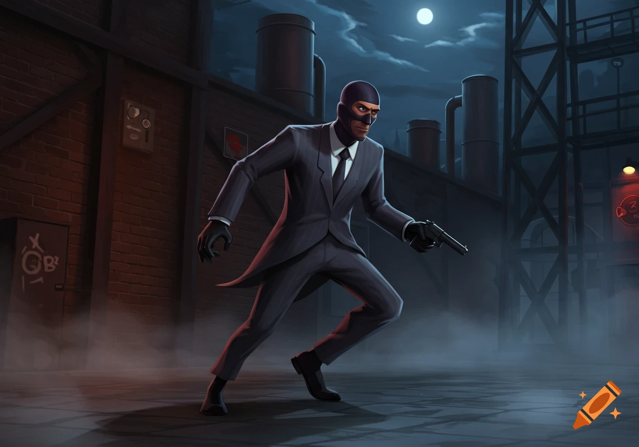 The Spy from Team Fortress 2, a man in a black suit and balaclava, crouches in a dark industrial alley at night, holding a pistol.