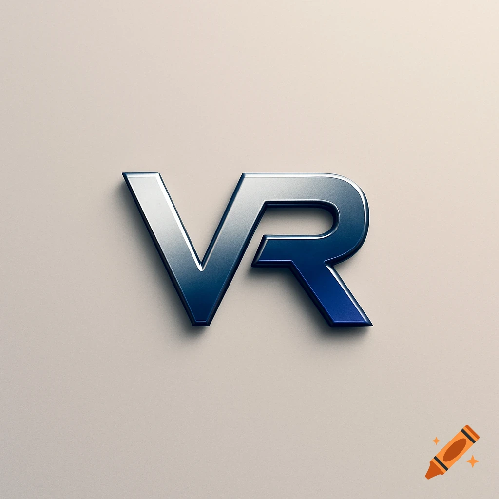 A 3D metallic blue and silver logo showing the letters "VR" on a light beige background.