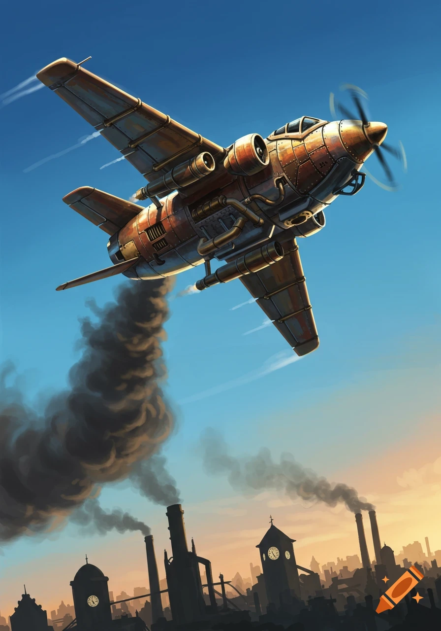 A steampunk airplane with a propeller and multiple engines flies over a smoky city at sunset, leaving a black exhaust trail.