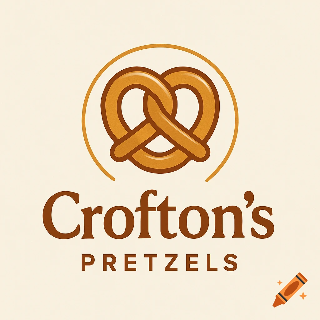 A stylized logo for Crofton's Pretzels, featuring a brown pretzel icon within an orange circle above the text 'Crofton's PRETZELS'.
