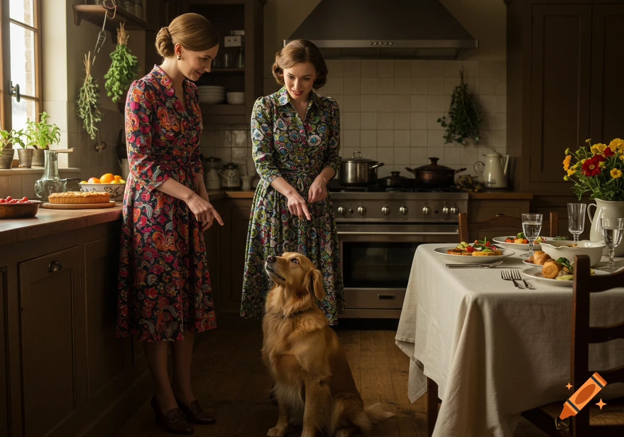 Two women in a rustic kitchen point at a golden retriever sitting on the floor, while a dinner table is set nearby. Photorealistic style.