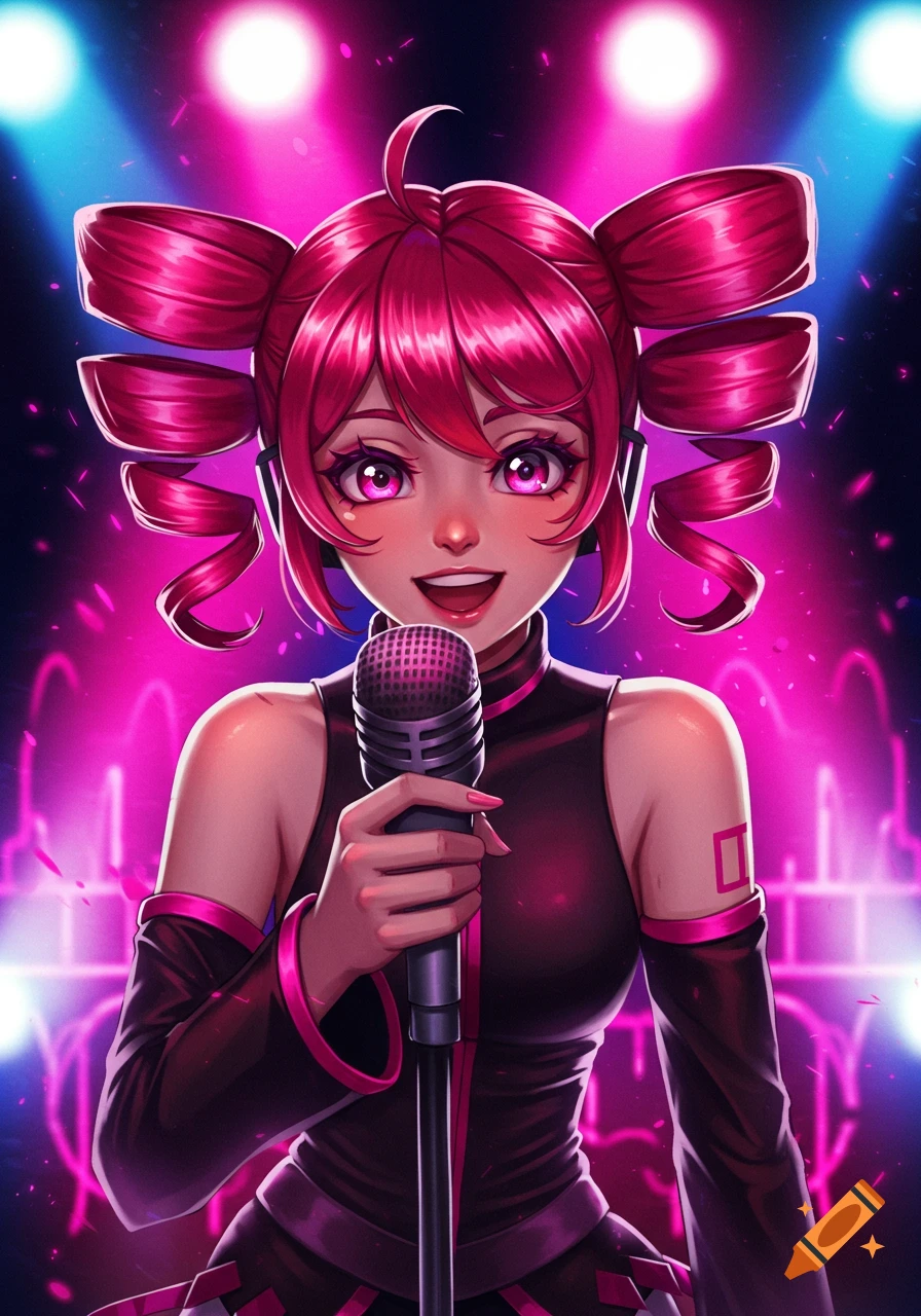 An anime-style girl with bright pink hair in elaborate pigtails sings into a microphone on a stage bathed in neon pink and blue lights.