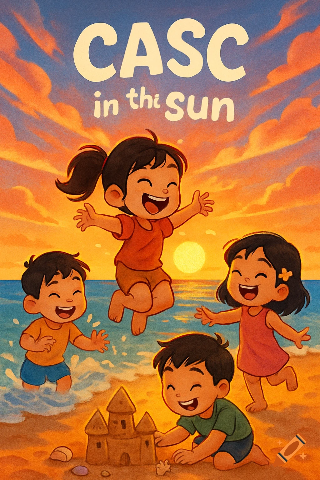 Cartoon illustration of four smiling children, two boys and two girls, playing on a beach at sunset, with one boy building a sandcastle and others in the water.
