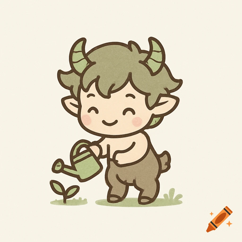A cute chibi satyr character watering a small plant, styled as a simple logo illustration.