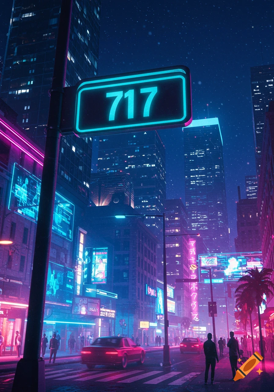 A neon-lit cyberpunk city street at night with towering buildings, cars, and people under a dark, starry sky. A prominent sign glows '717' in bright turquoise.