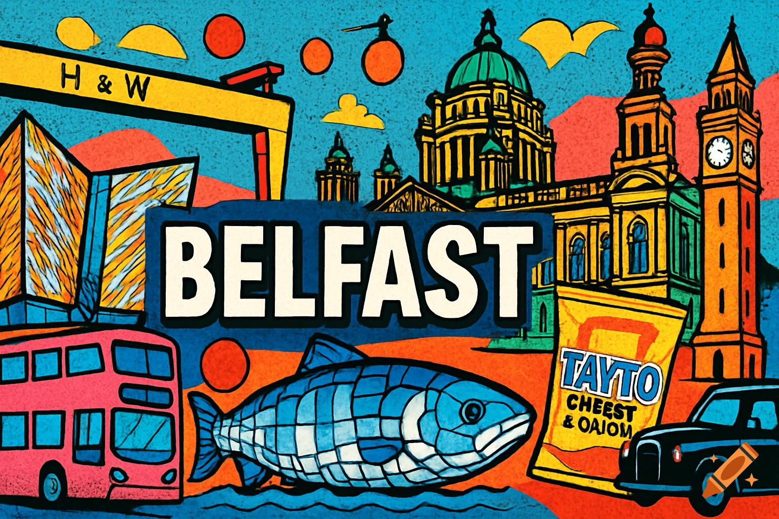 A vibrant pop art collage featuring Belfast landmarks, including City Hall, H&W cranes, a bus, a black taxi, and a fish sculpture.