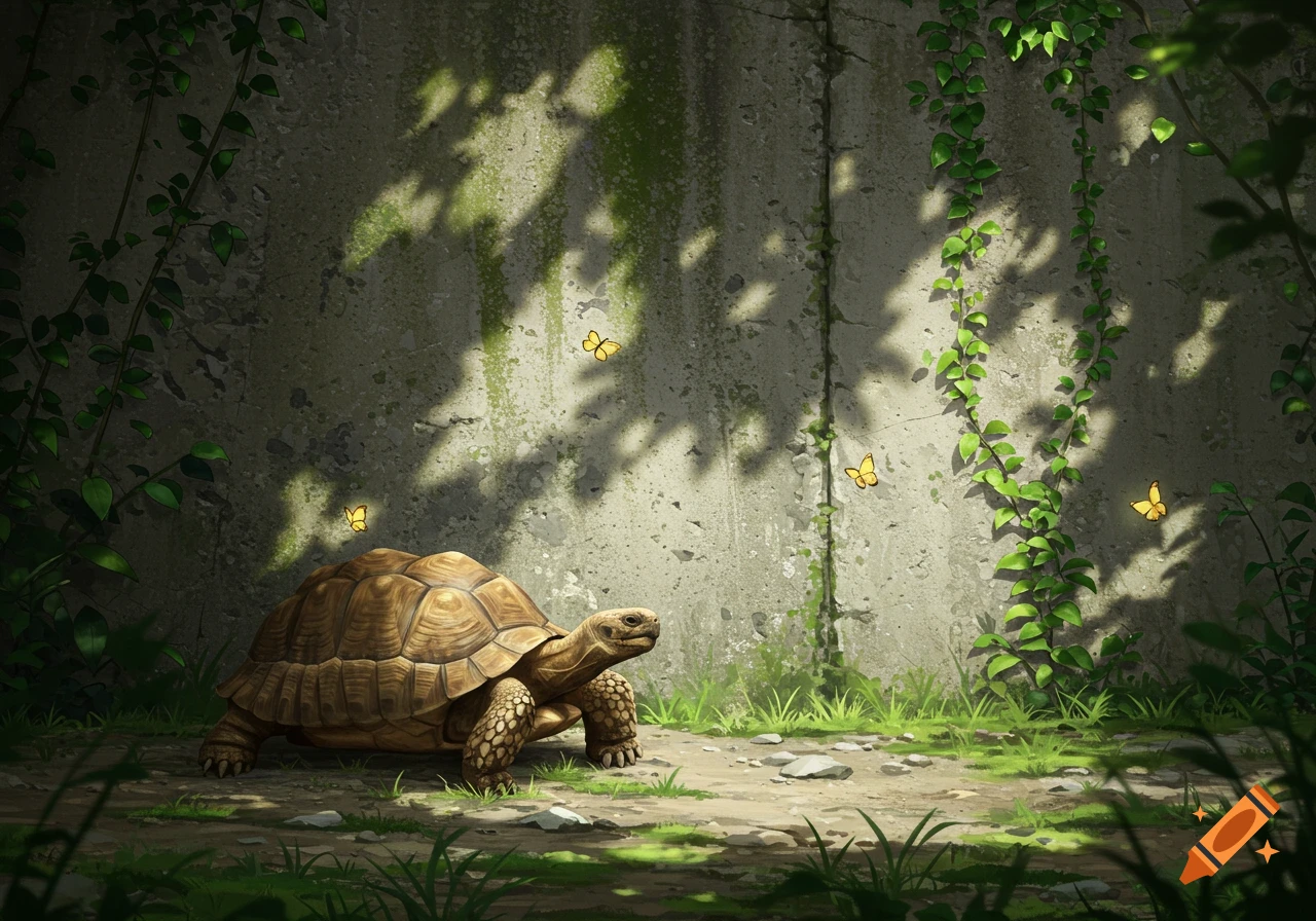 A large tortoise stands beside a weathered concrete wall covered in green vines and dappled sunlight, with yellow butterflies.