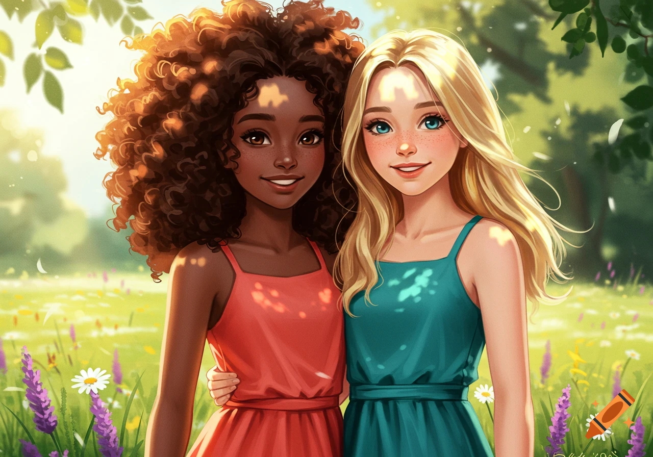 Two smiling illustrated girls, one with curly dark hair and dark skin, the other with blonde hair and light skin, stand in a sunny flower field.