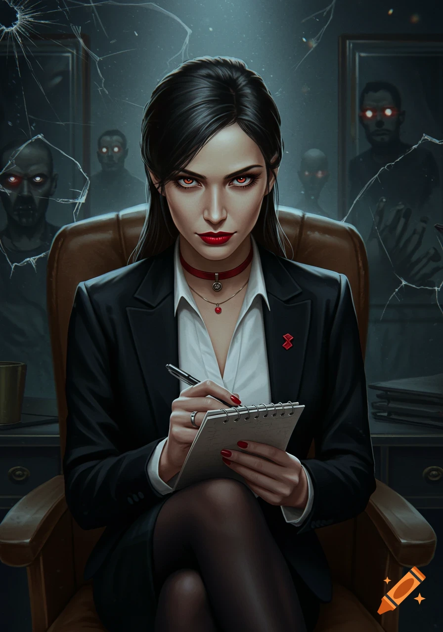 A dark digital art portrait of a menacing woman with red eyes, dressed in a suit, holding a notepad, with shadowy figures behind cracked glass.
