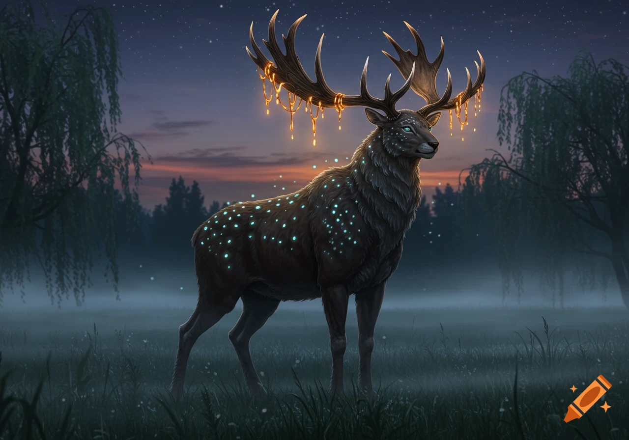 A dark, glowing deer-like creature with golden light dripping from its antlers stands in a misty field at dusk under a starry sky.