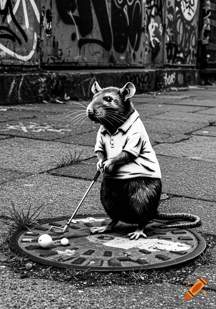 A black and white Banksy-style image of a rat in a polo shirt playing golf on a manhole cover, with graffiti in the background.