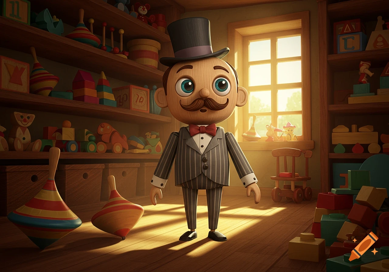 A wooden toy man in a suit and top hat stands in a sunlit room filled with various wooden toys on shelves and the floor.