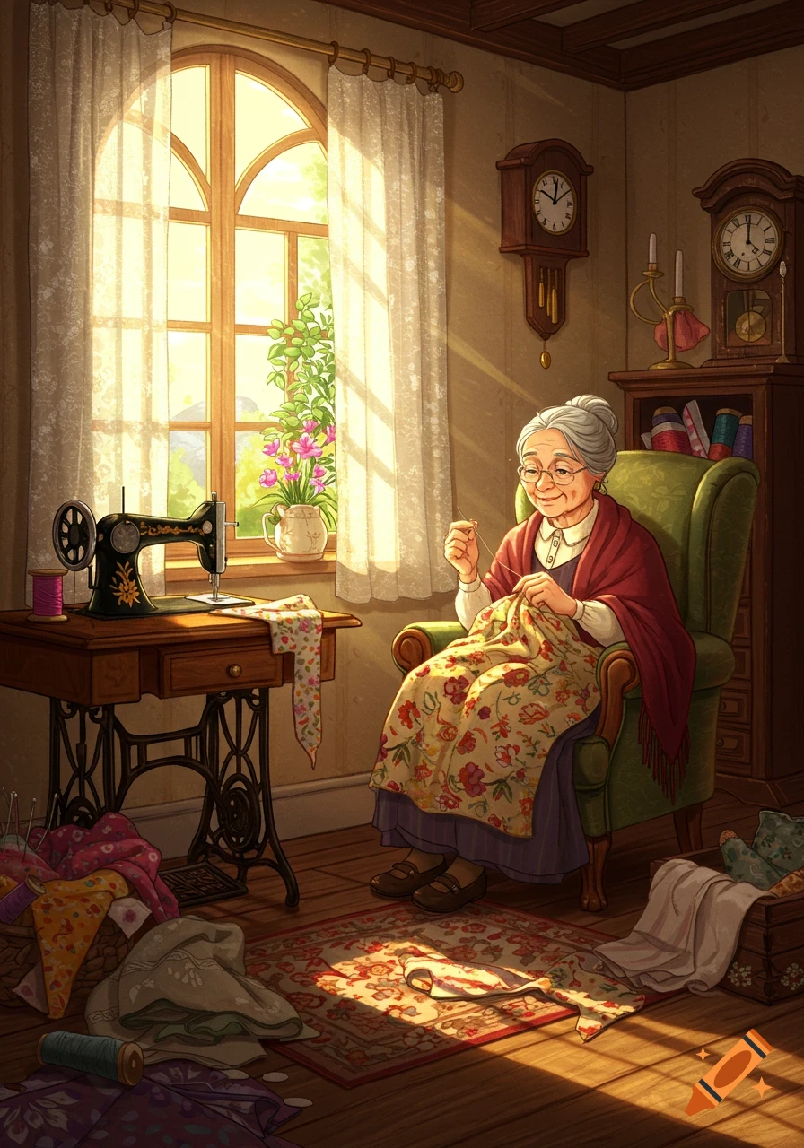An elderly woman with gray hair sits in a green armchair by a sunny window, hand-stitching a floral quilt. A sewing machine is on a nearby table, and fabric scraps are scattered around the cozy room. Illustrated style.