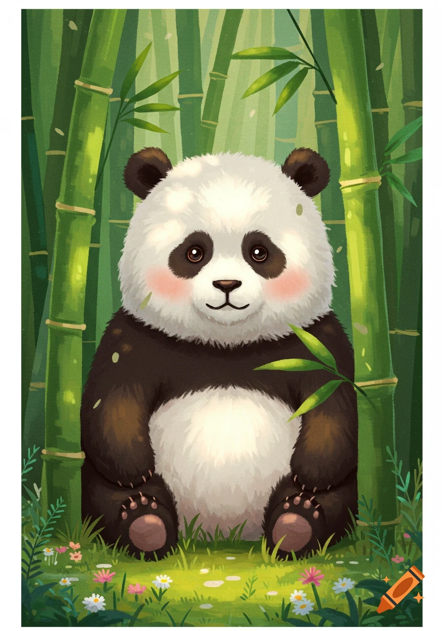 A cute, stylized panda sits in a vibrant bamboo forest with green grass and small colorful flowers.