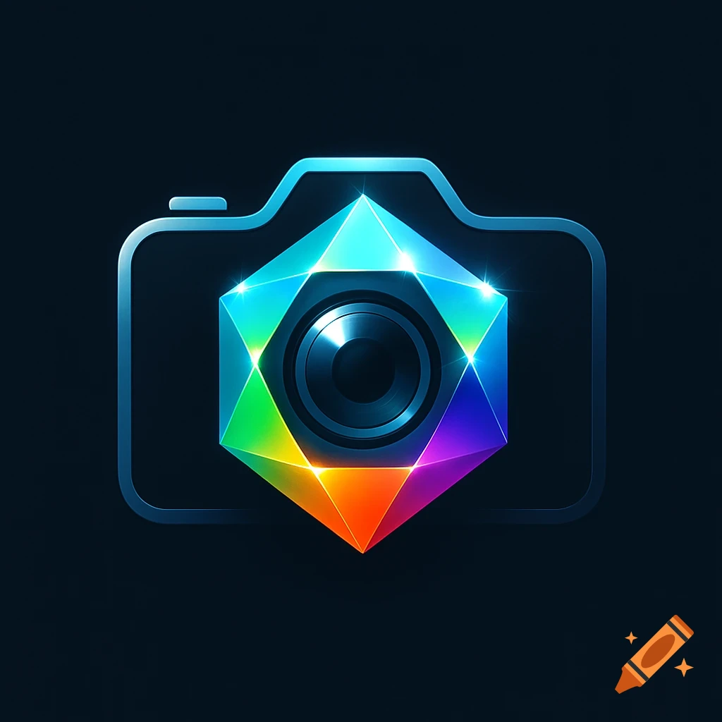 A stylized logo of a camera with a vibrant, glowing rainbow-colored prism for its lens, set against a dark background.