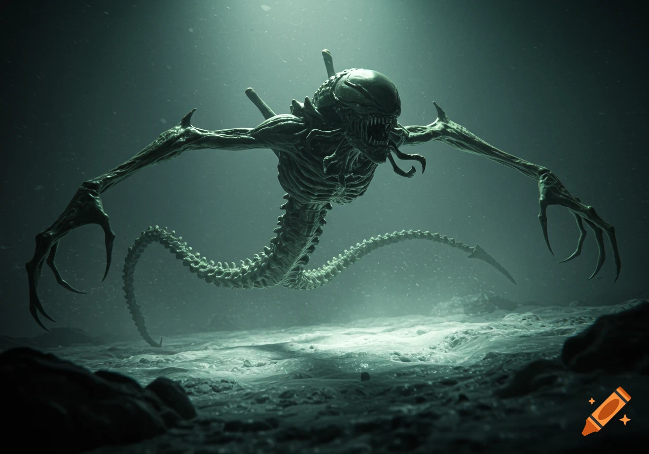 A dark, ominous alien creature with sharp claws and multiple tails swims in murky green water above a textured seabed.