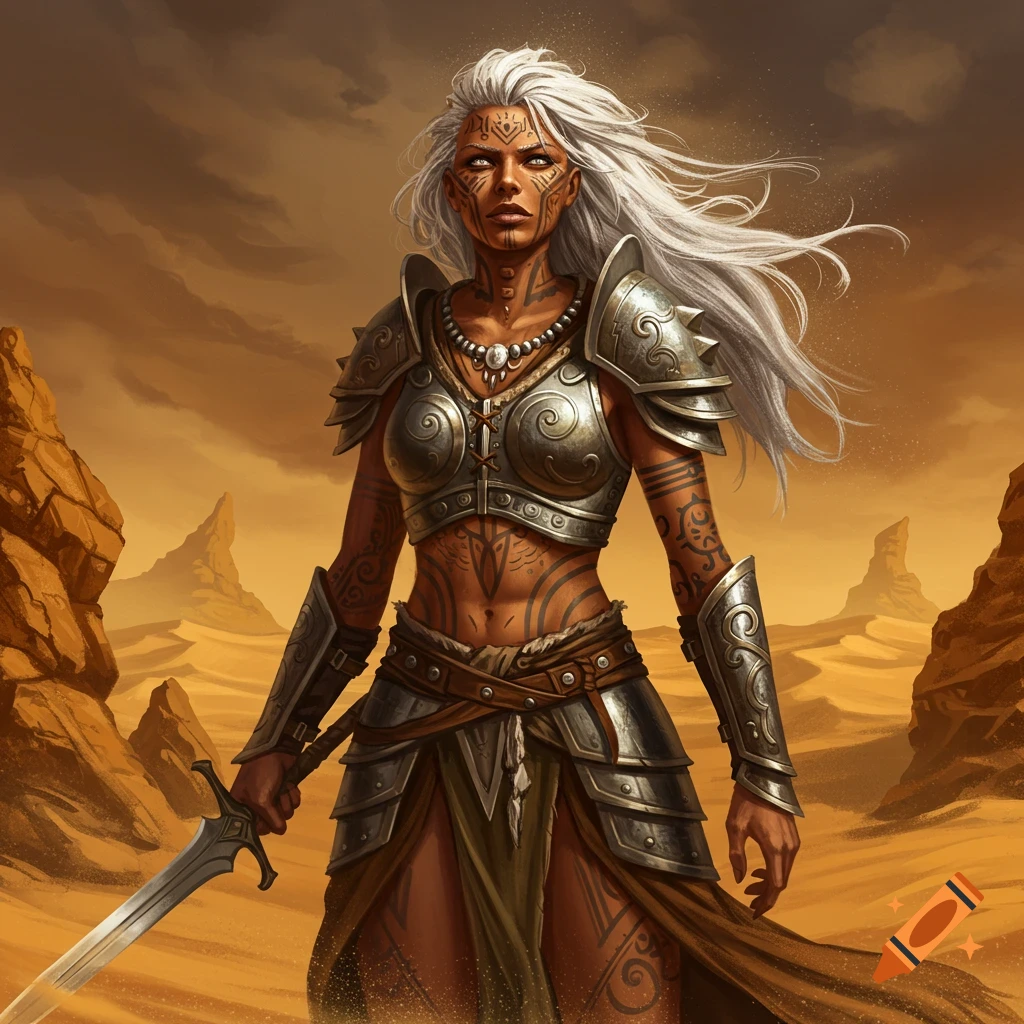 An intricately tattooed warrior woman with white hair and armor stands in a desert, holding a sword, in a Brom-inspired art style.