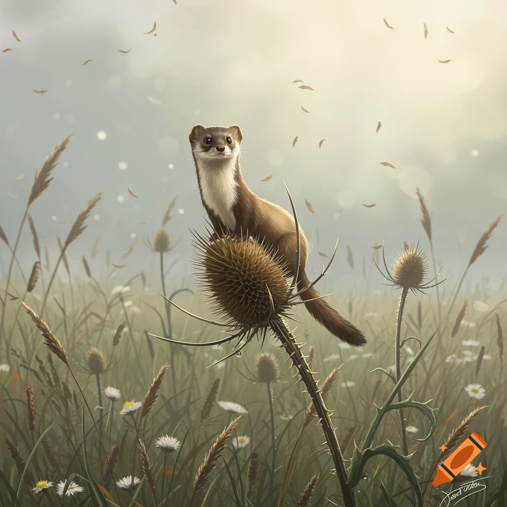 A photorealistic illustration of a small brown and white weasel perched on a spiky teasel plant in a hazy field.
