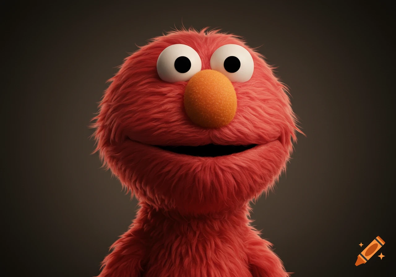 Close-up photorealistic portrait of a red furry puppet resembling Elmo, smiling.