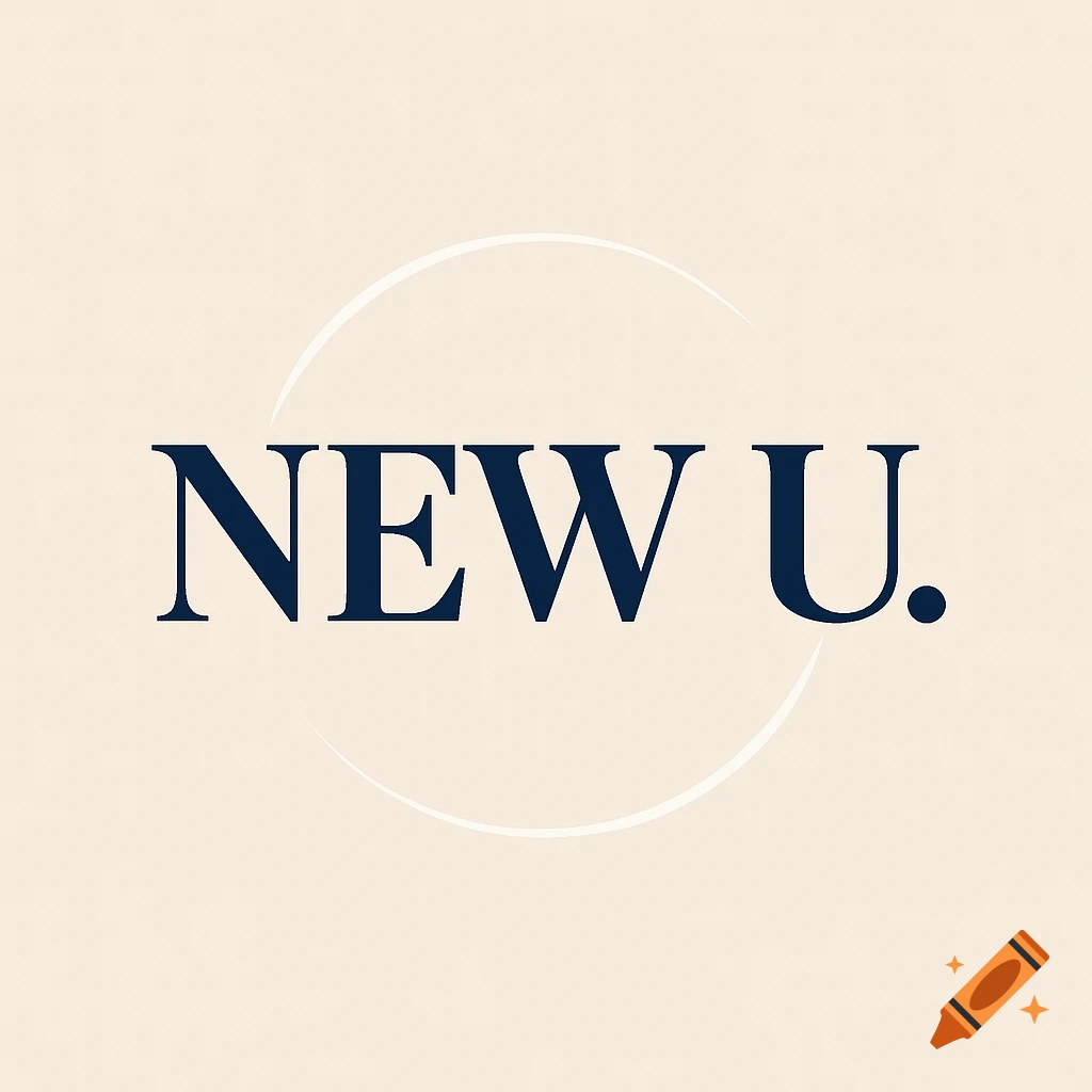 A minimalist logo with the text NEW U. in navy blue serif font, surrounded by a light circular arc on a cream background.