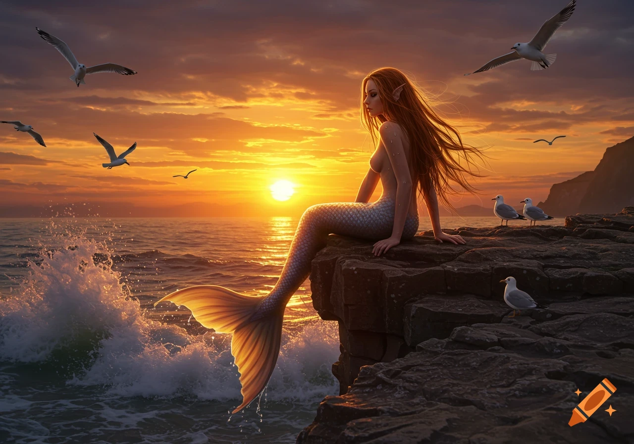 A photorealistic mermaid with long red hair sits on a rocky cliff overlooking a vibrant orange sunset over the ocean, with seagulls flying.