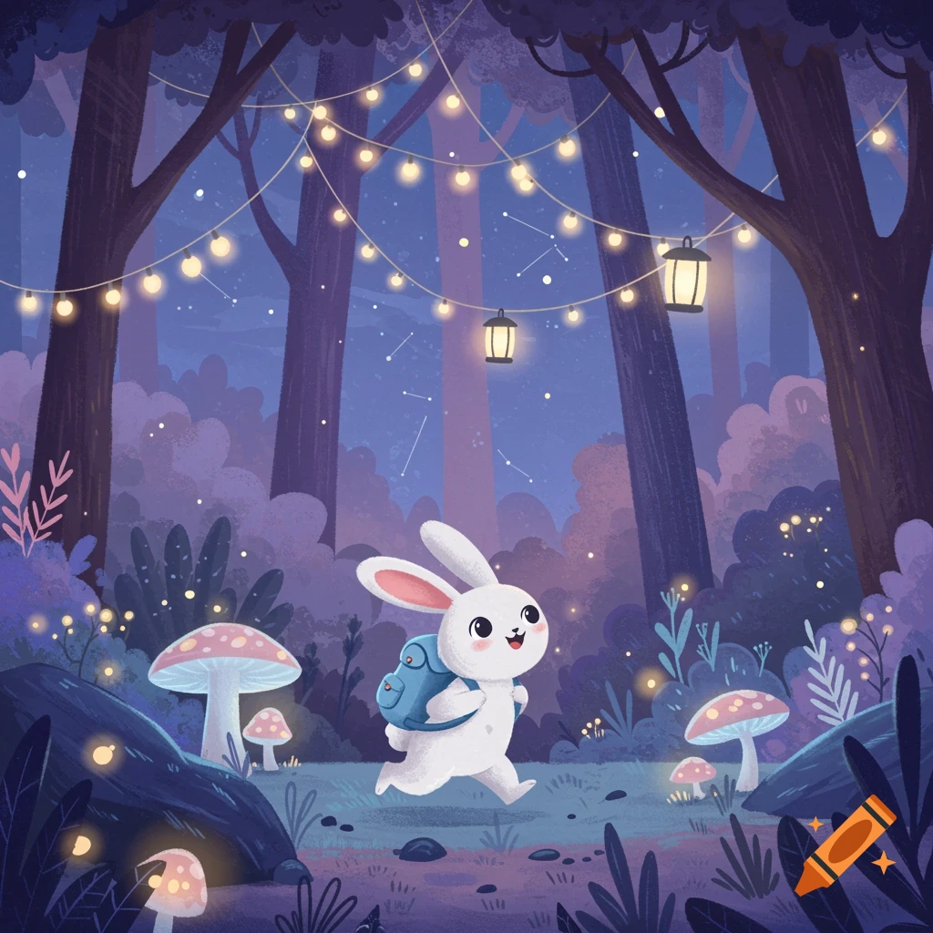 A happy cartoon bunny with a blue backpack walks through a magical night forest filled with glowing mushrooms, string lights, and pastel trees under a starry sky.