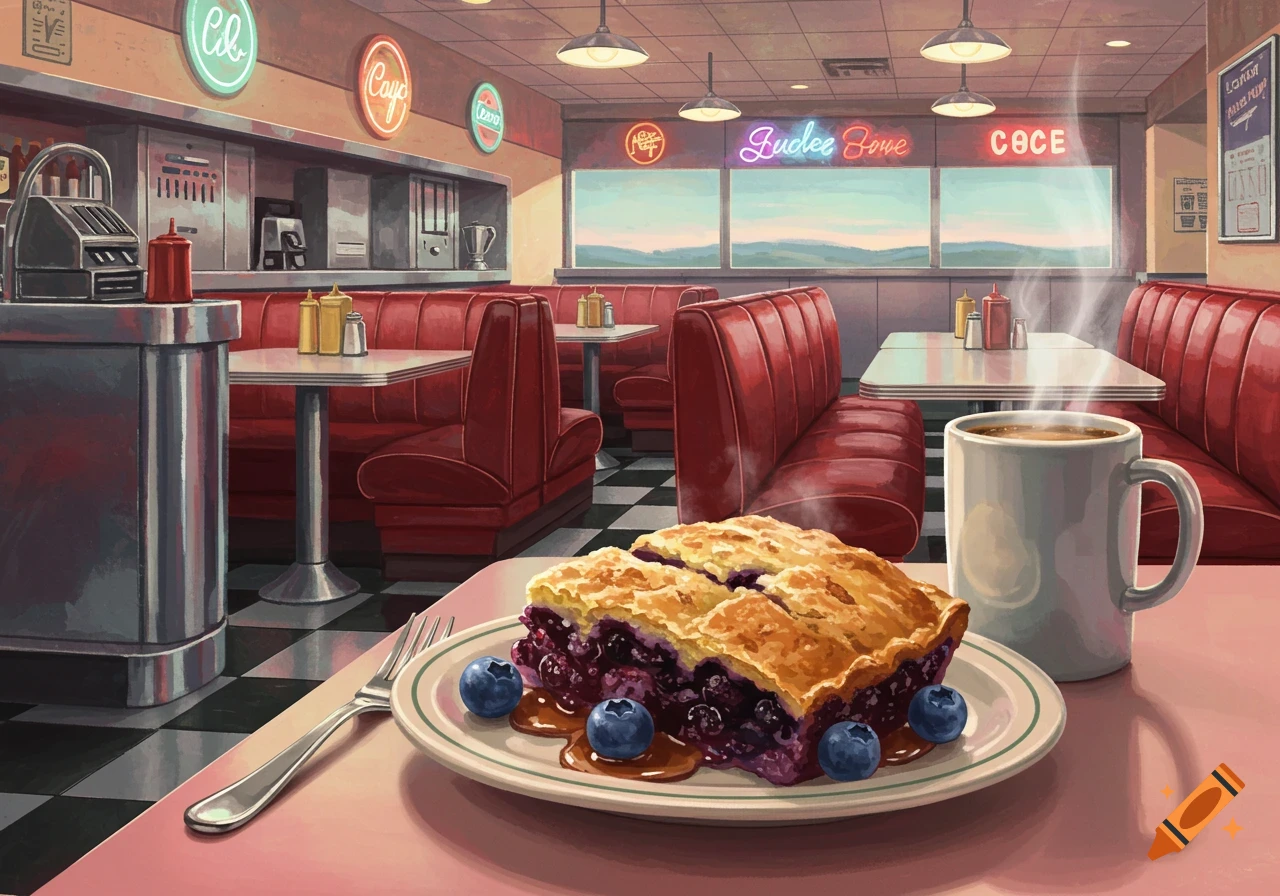 A blueberry pie with blueberries and sauce on a plate in an old-fashioned diner with red booths, black and white checkered floor, and neon signs.