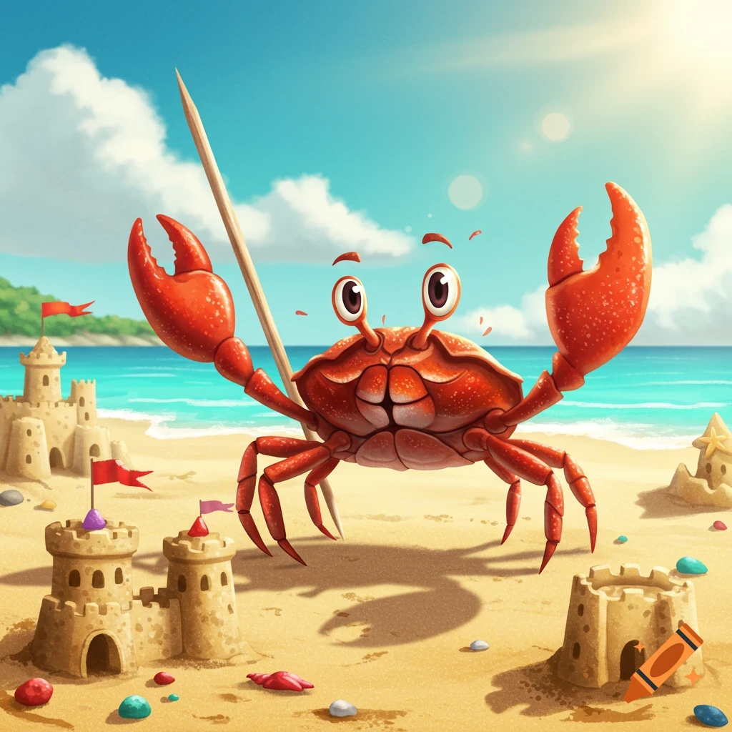 A funny cartoon crab with big eyes stands on a sandy beach next to several sandcastles under a blue sky.