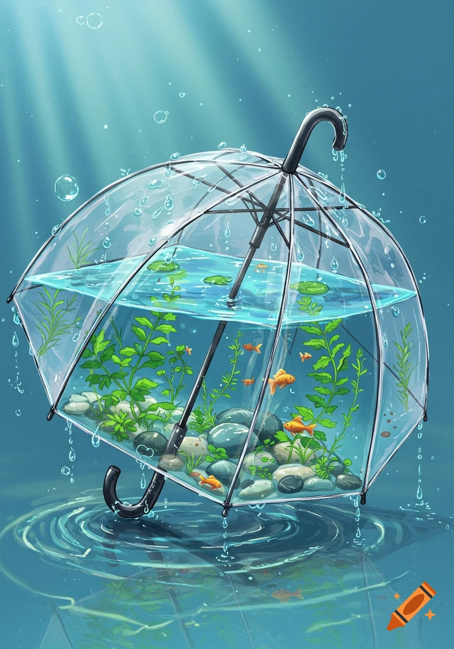 An upside-down transparent umbrella serving as a fishbowl, filled with water, green aquatic plants, rocks, and orange goldfish, with raindrops and ripples.