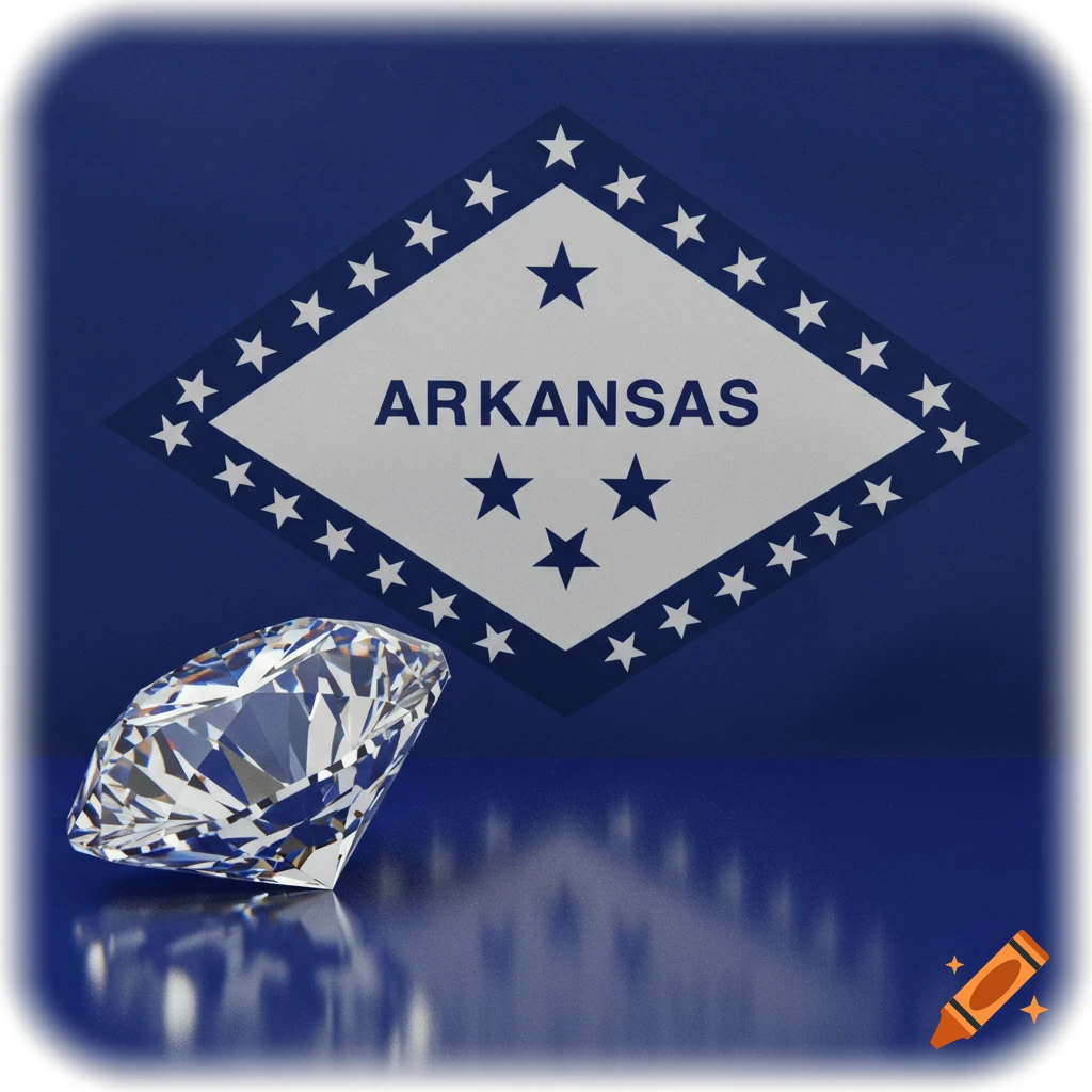 A sparkling diamond rests on a reflective blue surface, with the blue and white Arkansas state flag in the background.