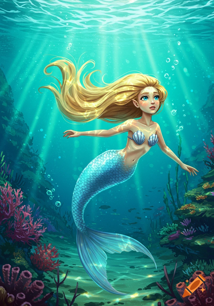 A blonde-haired, blue-eyed mermaid with a blue tail swims gracefully through a vibrant, sunlit underwater coral reef.