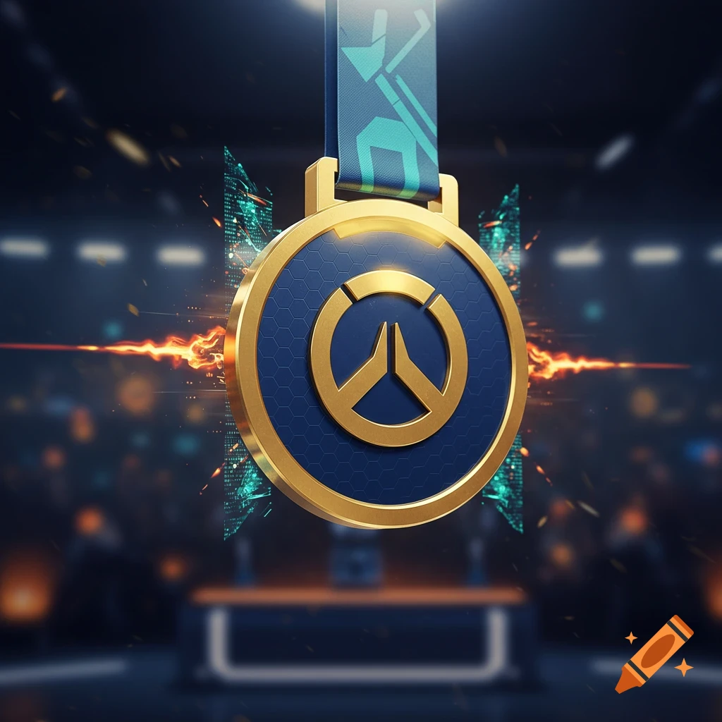 A golden Overwatch tournament medal with a blue ribbon against a blurred arena background.