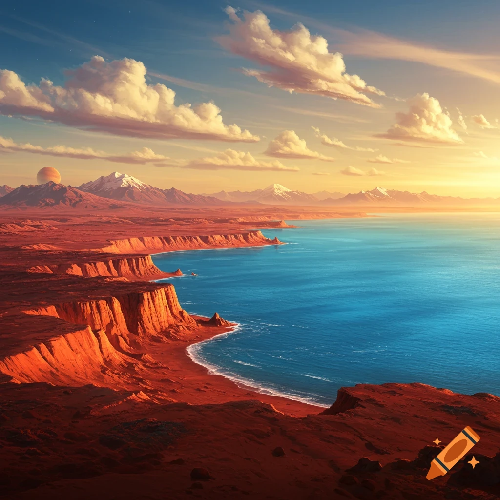 A vibrant red Martian landscape with towering cliffs overlooking a bright blue ocean under a sky with white clouds and a large planet.