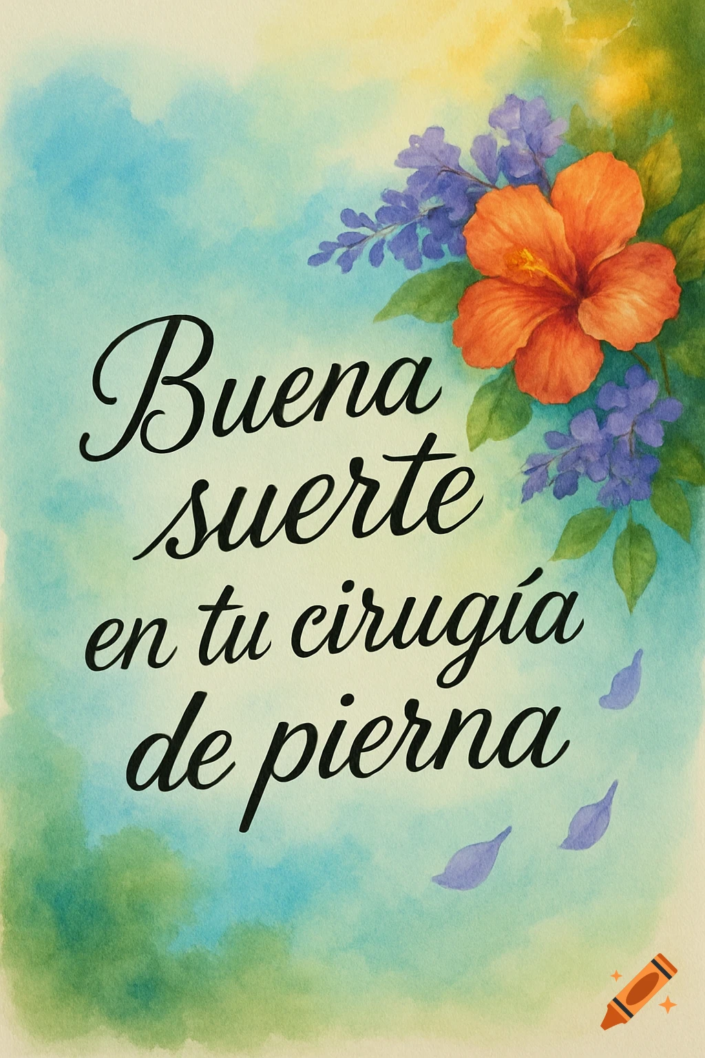 A watercolor greeting card with an orange hibiscus and purple flowers, reading 'Buena suerte en tu cirugía de pierna' (Good luck on your leg surgery).