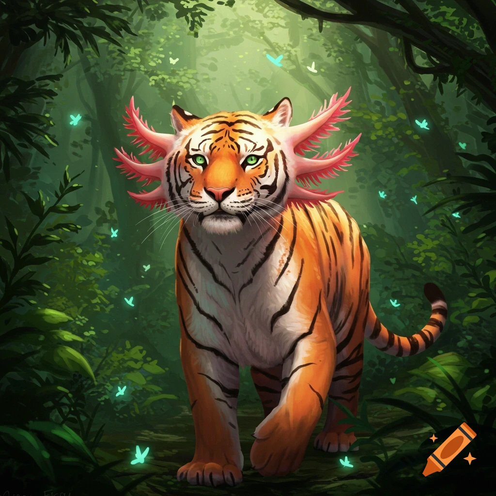 A vibrant illustration of a tiger-axolotl hybrid walking through a lush, glowing jungle with blue butterflies.