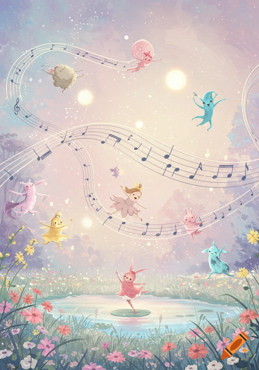 Whimsical illustration of colorful creatures dancing among musical notes in a dreamy, flower-filled landscape.