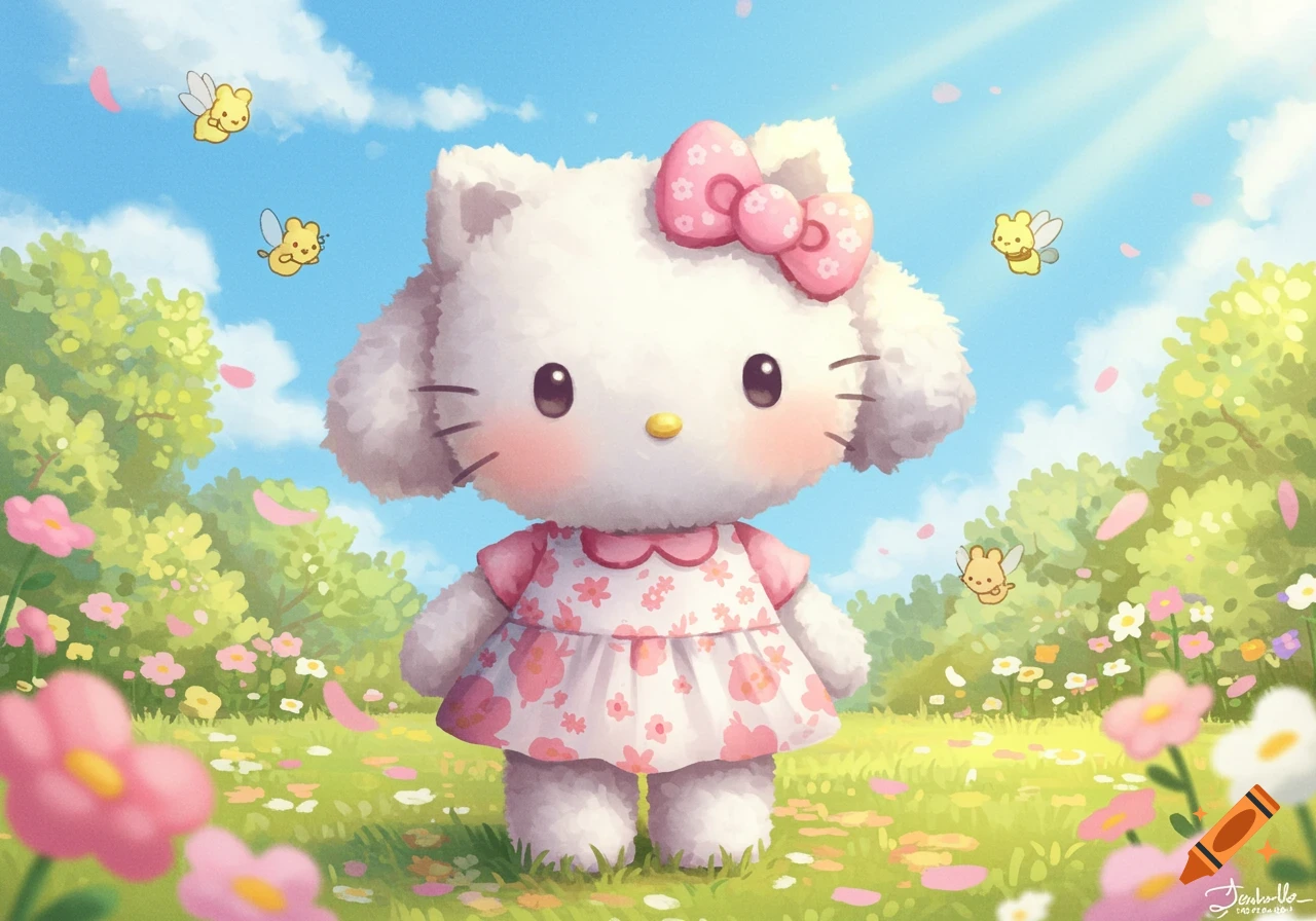 A fluffy white Hello Kitty-like character in a pink dress stands in a vibrant flower garden with pink blossoms and flying bees under a bright blue sky.