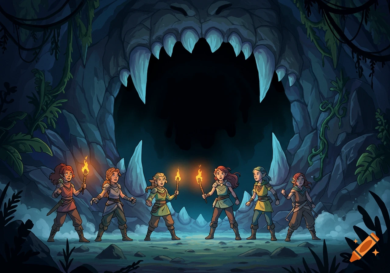 Cartoon style depiction of a group of young female adventurers holding torches, standing before a large, toothy cave entrance.