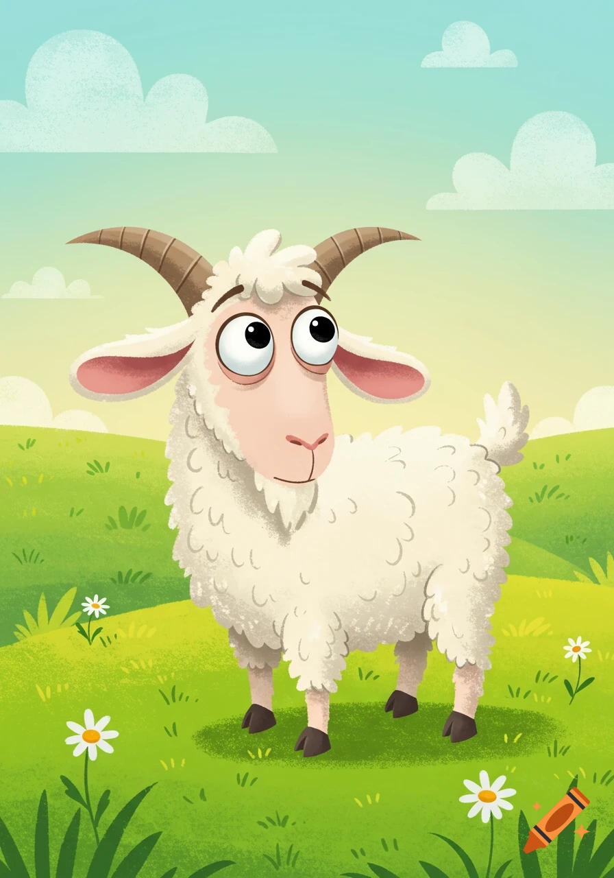 A friendly cartoon goat with large eyes and horns stands in a green field with white daisies under a blue sky.