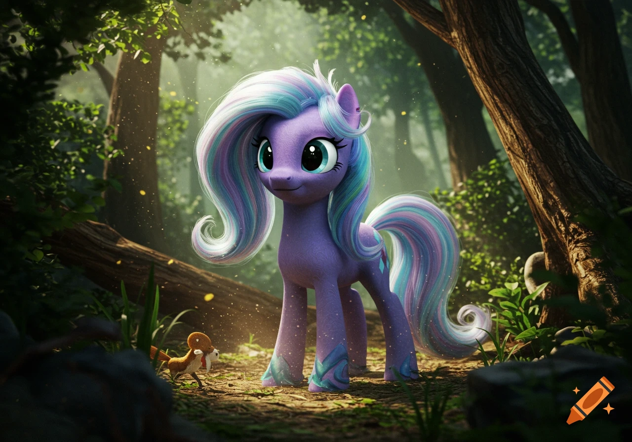 Photorealistic purple My Little Pony with colorful mane in a sun-dappled forest, looking at a small creature holding a mushroom.