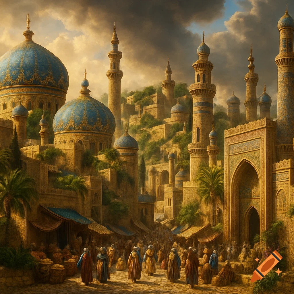 A fantasy depiction of a bustling ancient city market with ornate blue-domed buildings, towering minarets, and people under a dramatic cloudy sky.