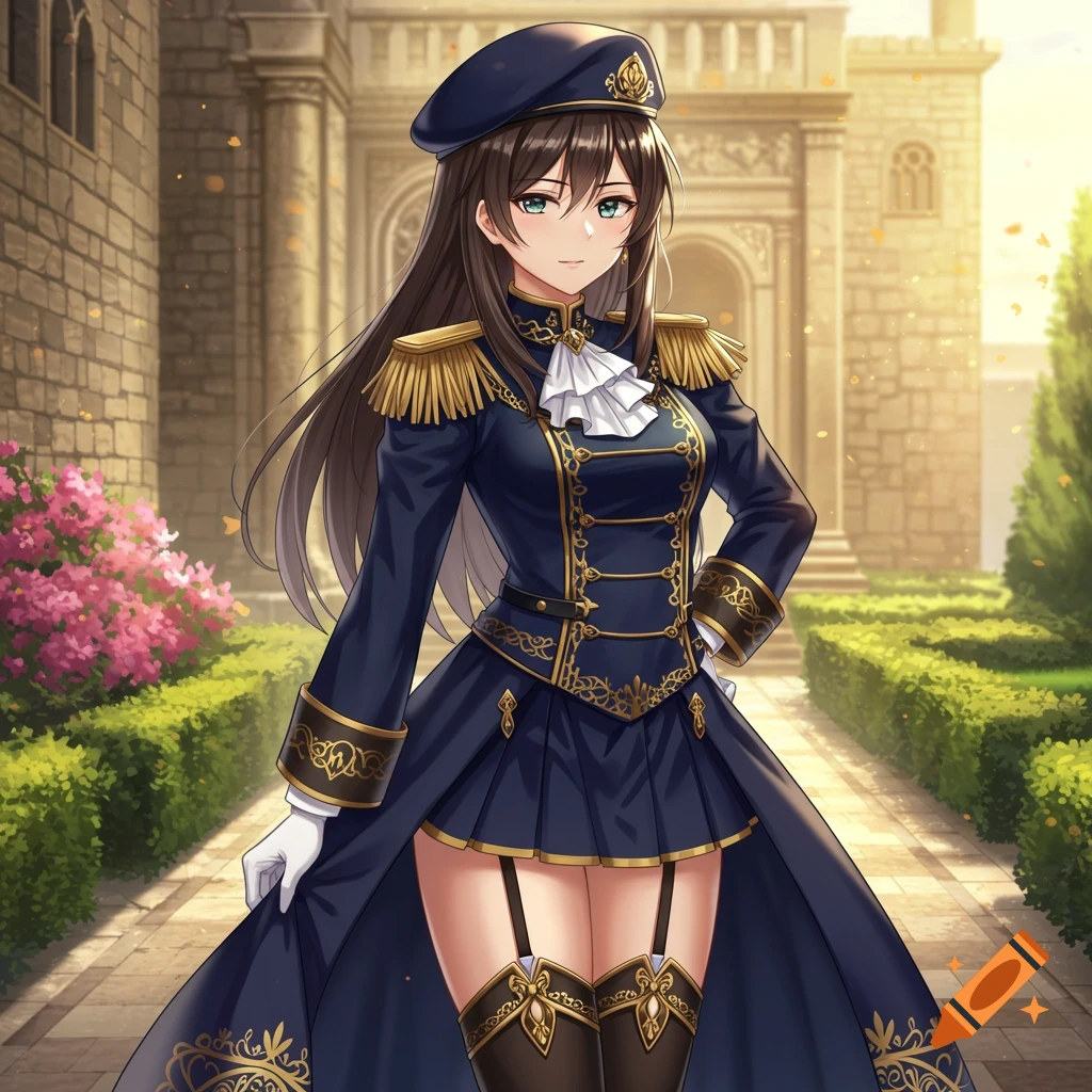 An anime girl with long brown hair wears a navy-blue and gold royal guard uniform with a beret, knee-length skirt, and thigh-high stockings, standing in a sunny garden with a castle in the background.