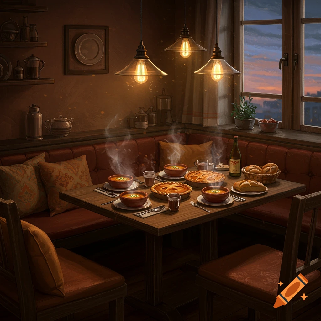 A cozy dining room at twilight, with a table set with steaming bowls of soup, pies, and bread illuminated by warm pendant lights.
