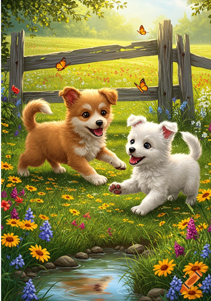 Two happy puppies playfully run through a vibrant, sunlit meadow filled with colorful flowers and butterflies, near a wooden fence and a stream.