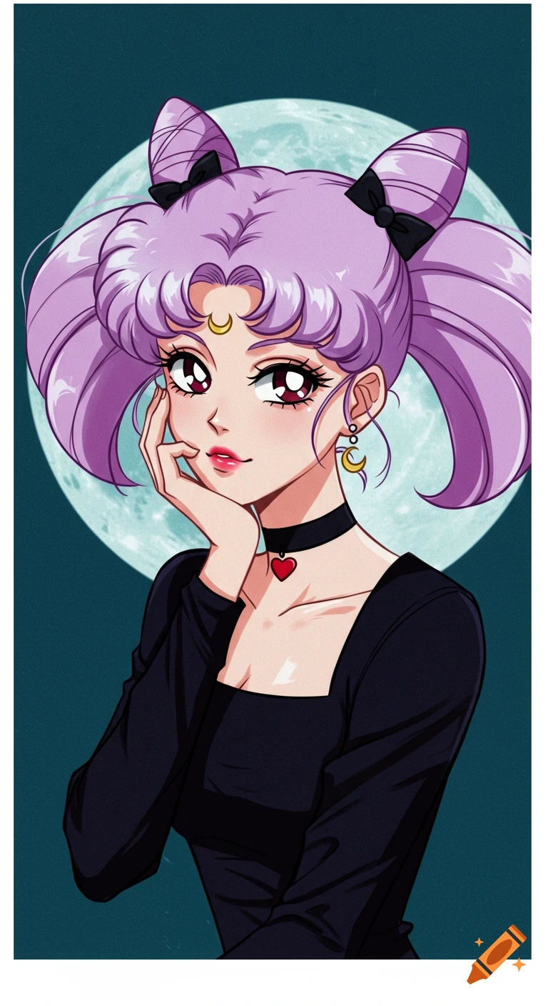 Anime girl with purple hair in buns, wearing a black top and heart choker, against a teal background with a large moon.