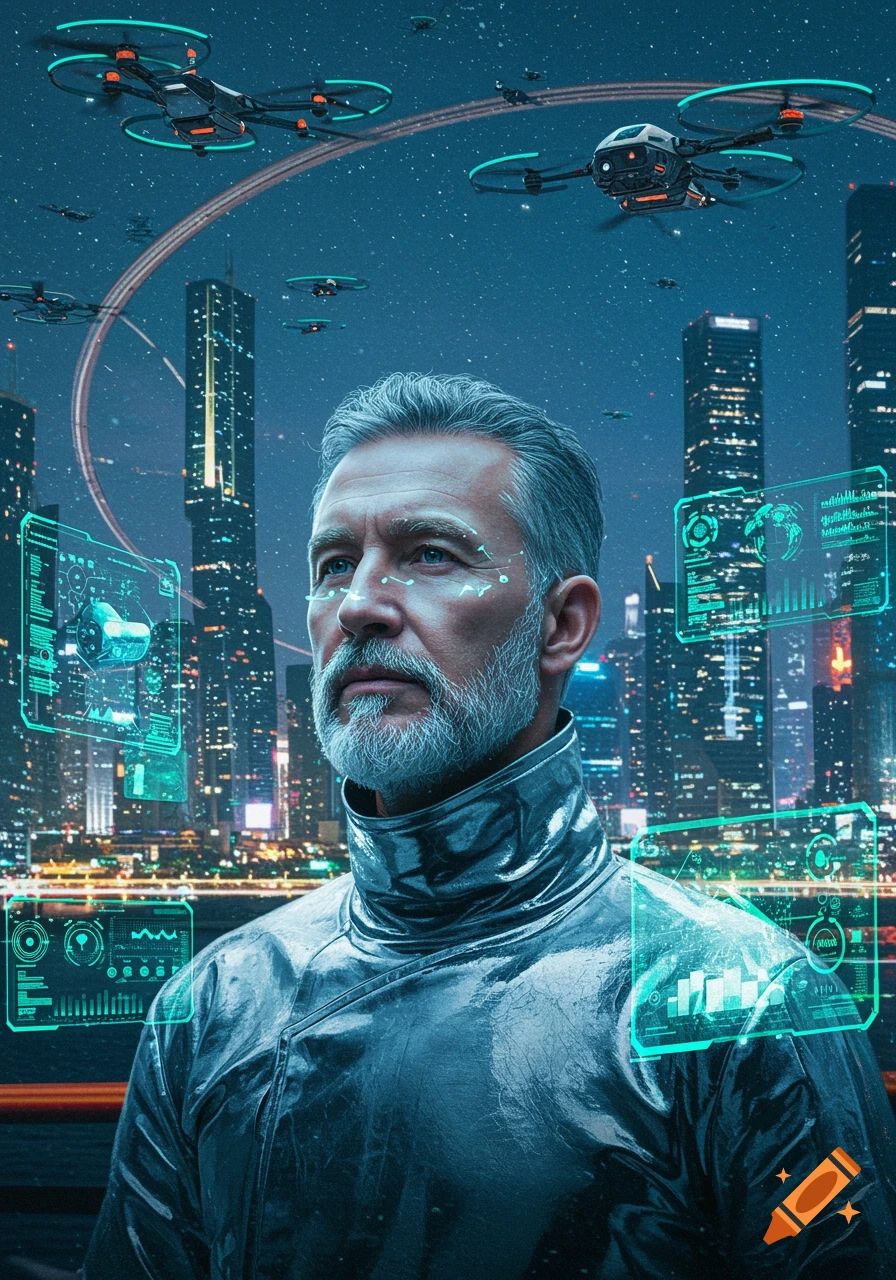 Photorealistic portrait of a man with a beard and metallic coat, looking at drones in a futuristic cyberpunk city at night with holographic displays.